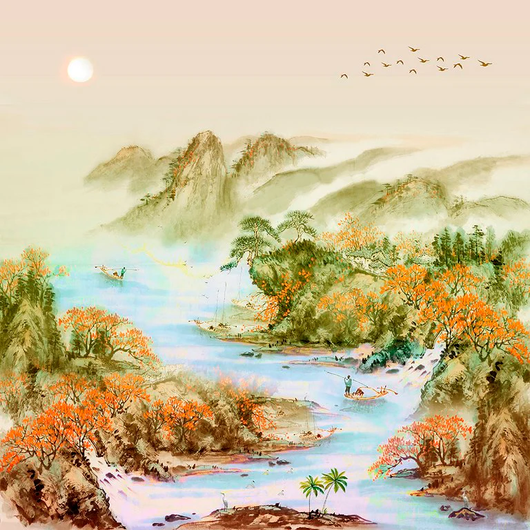 Tranquil Chinese River Scene Wallcovering (ART 119)